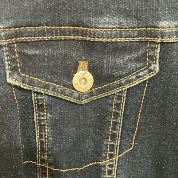 Chico’s size 2 Pearl & Rhinestone encrusted mock neck blue denim jacket. - Picture 4 of 7